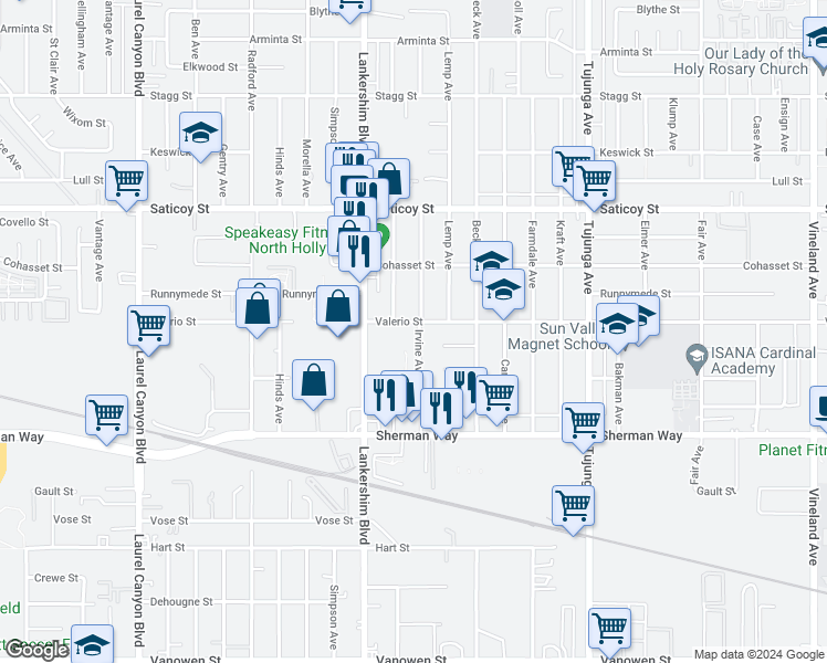 map of restaurants, bars, coffee shops, grocery stores, and more near 7353 Irvine Avenue in Los Angeles