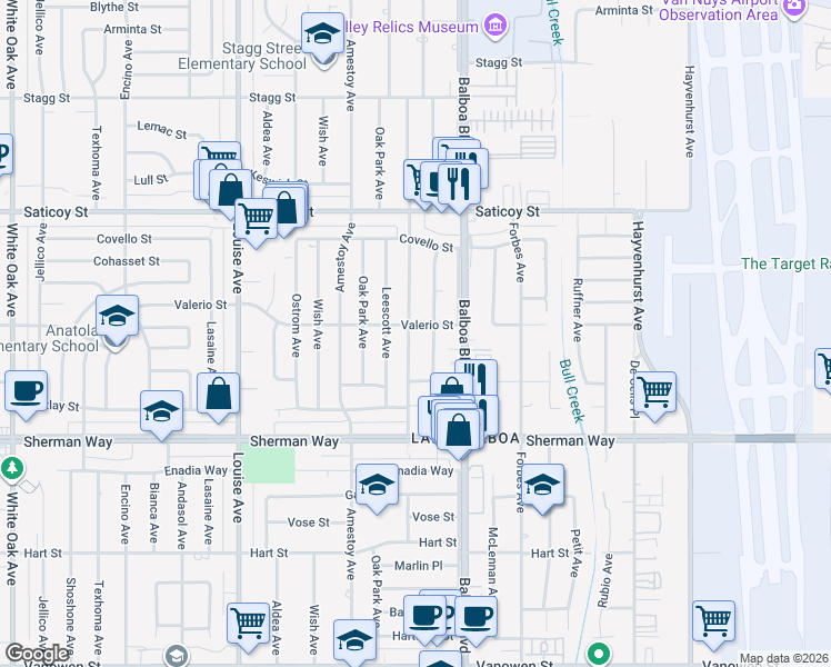 map of restaurants, bars, coffee shops, grocery stores, and more near 7352 Genesta Avenue in Los Angeles