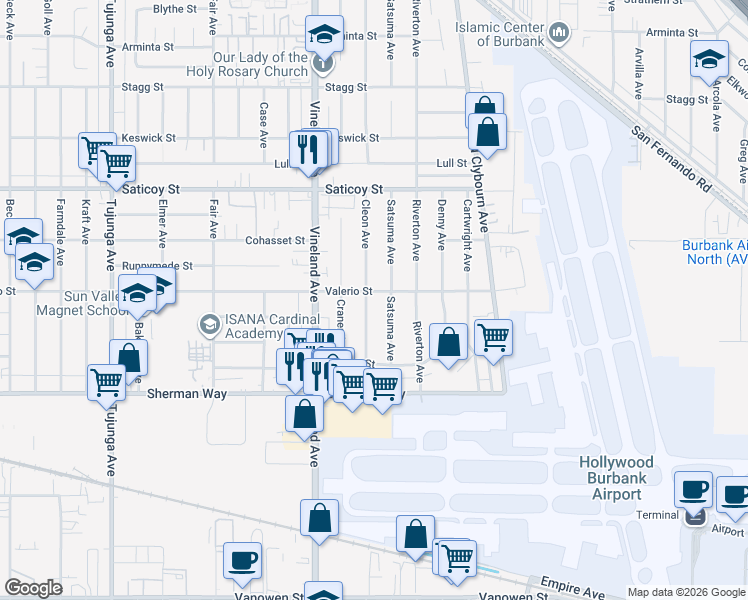 map of restaurants, bars, coffee shops, grocery stores, and more near 7354 Cleon Avenue in Los Angeles