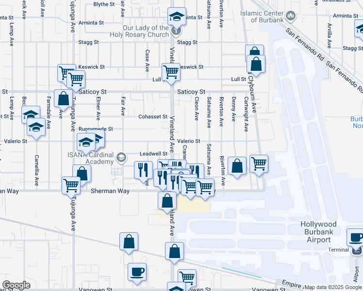 map of restaurants, bars, coffee shops, grocery stores, and more near 7355 Craner Avenue in Los Angeles