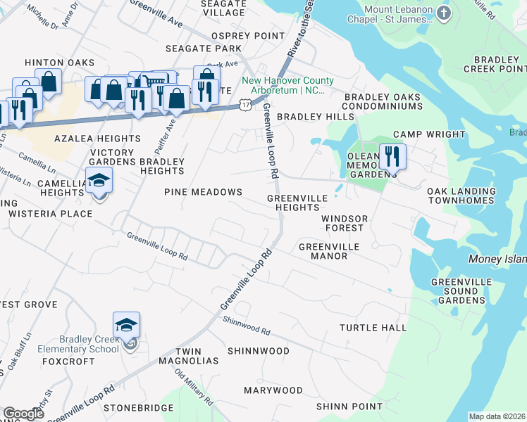 map of restaurants, bars, coffee shops, grocery stores, and more near 6129 Chilcot Ln in Wilmington