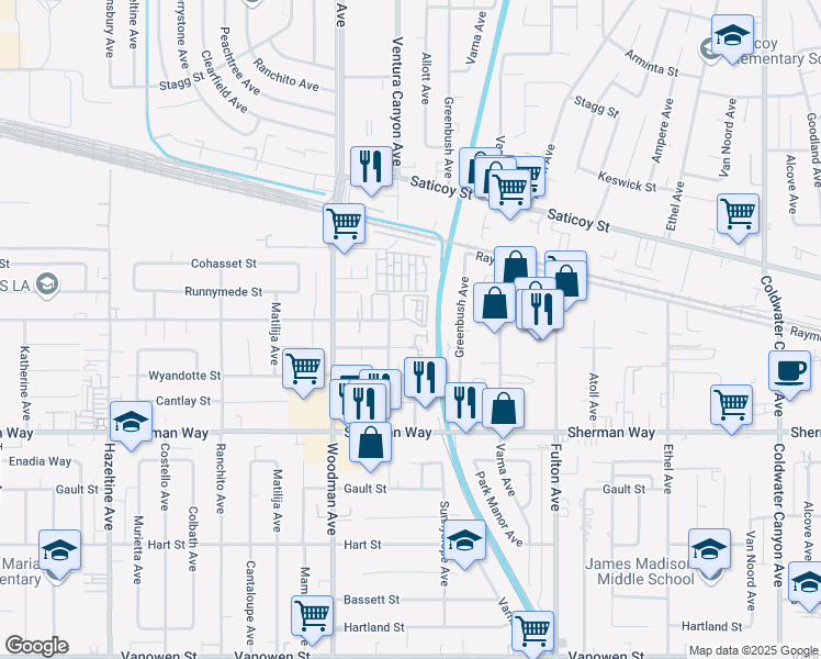map of restaurants, bars, coffee shops, grocery stores, and more near 13533 Leadwell Street in Los Angeles