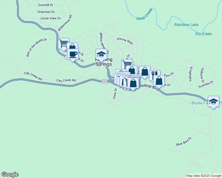 map of restaurants, bars, coffee shops, grocery stores, and more near 2707 Preston Drive in Running Springs