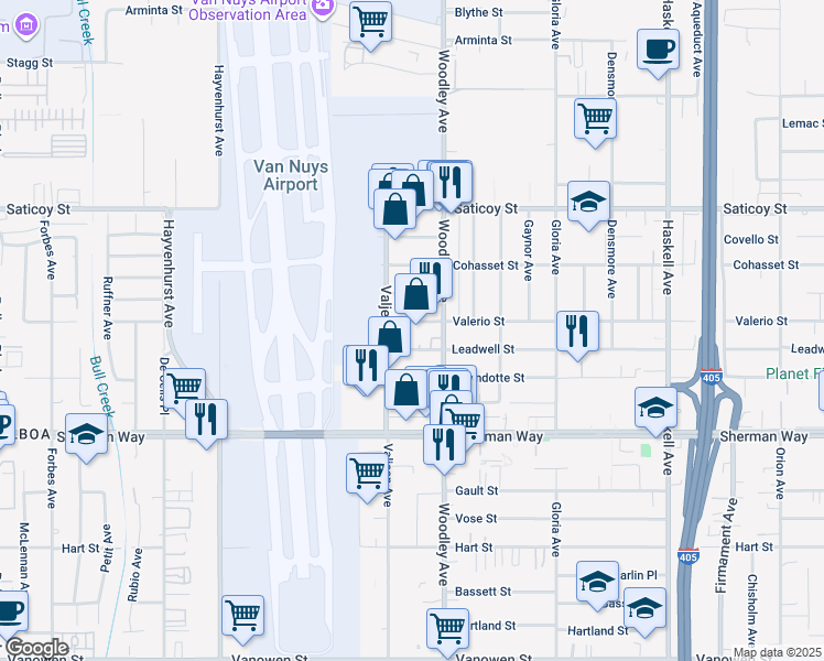 map of restaurants, bars, coffee shops, grocery stores, and more near 16134 Valerio Street in Los Angeles