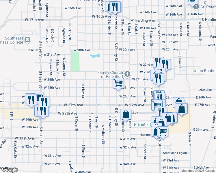 map of restaurants, bars, coffee shops, grocery stores, and more near 2420 South Linden Street in Pine Bluff