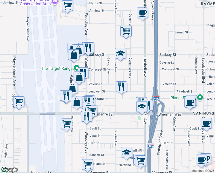 map of restaurants, bars, coffee shops, grocery stores, and more near 15932 Valerio St in Los Angeles