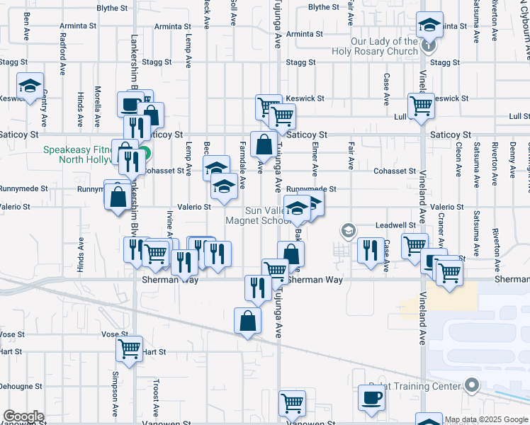 map of restaurants, bars, coffee shops, grocery stores, and more near 7352 Kraft Avenue in Los Angeles