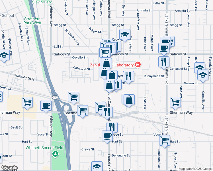 map of restaurants, bars, coffee shops, grocery stores, and more near 7361 Laurel Canyon Boulevard in Los Angeles