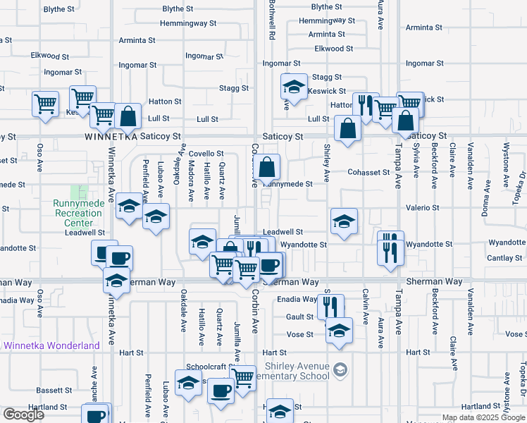 map of restaurants, bars, coffee shops, grocery stores, and more near 7356 Corbin Avenue in Los Angeles