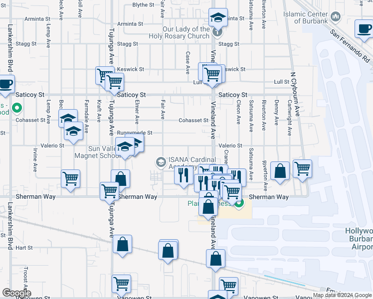 map of restaurants, bars, coffee shops, grocery stores, and more near 11102 Valerio Street in Los Angeles