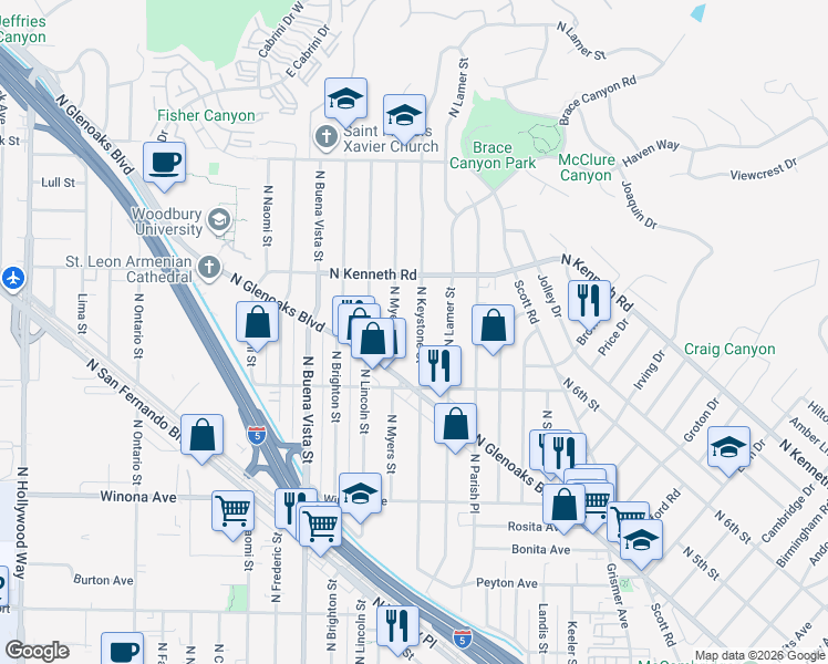 map of restaurants, bars, coffee shops, grocery stores, and more near 2549 North Keystone Street in Burbank