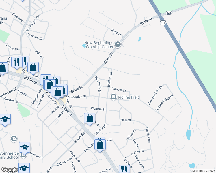 map of restaurants, bars, coffee shops, grocery stores, and more near 800 Belmont Street in Commerce