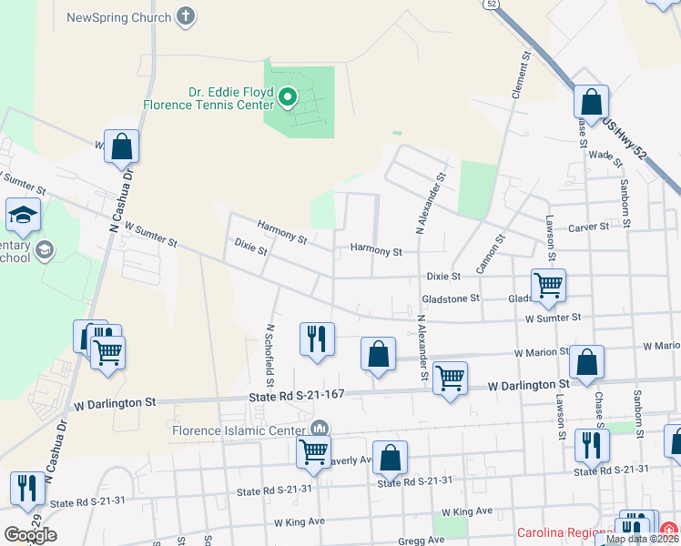 map of restaurants, bars, coffee shops, grocery stores, and more near 1109 Dixie Street in Florence