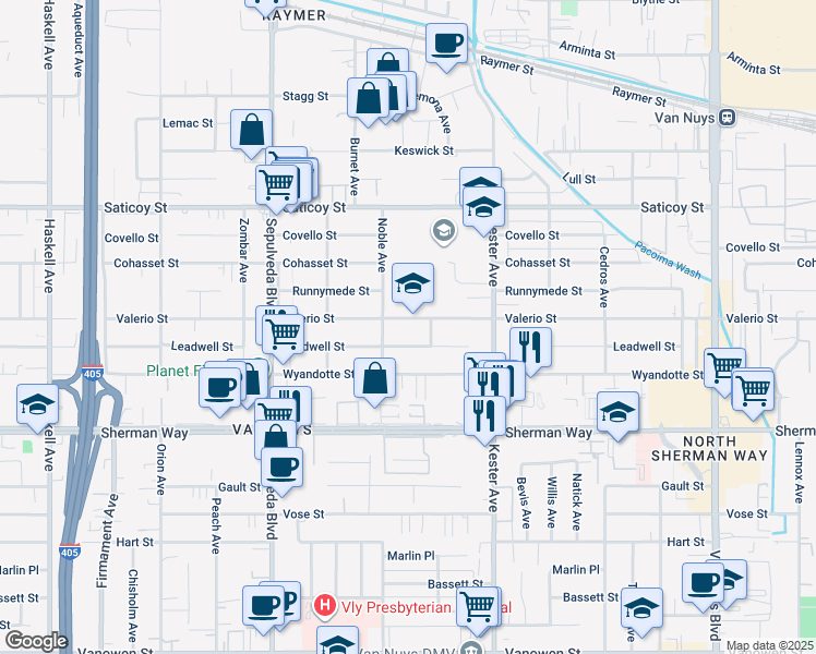 map of restaurants, bars, coffee shops, grocery stores, and more near 15024 Valerio Street in Los Angeles