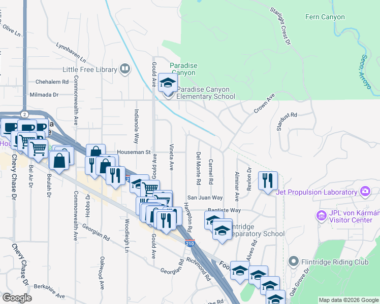 map of restaurants, bars, coffee shops, grocery stores, and more near 4854 Hampton Road in La Cañada Flintridge