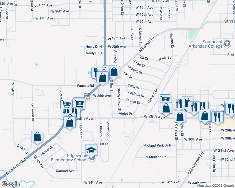 map of restaurants, bars, coffee shops, grocery stores, and more near 2608 Shady Grove Street in Pine Bluff