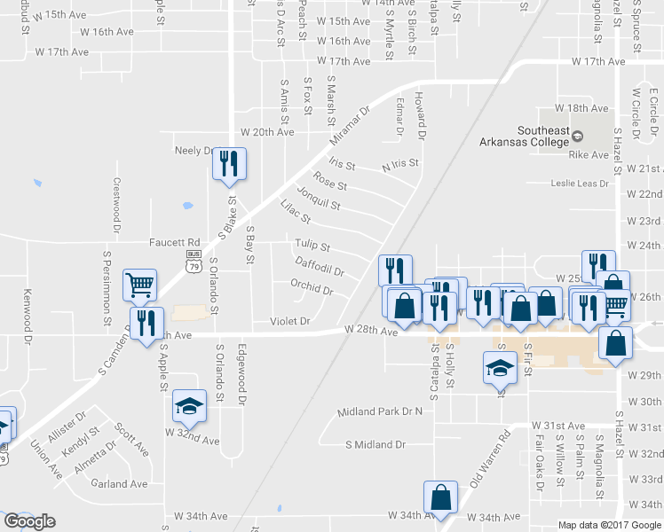 map of restaurants, bars, coffee shops, grocery stores, and more near 3203 Daffodil Drive in Pine Bluff