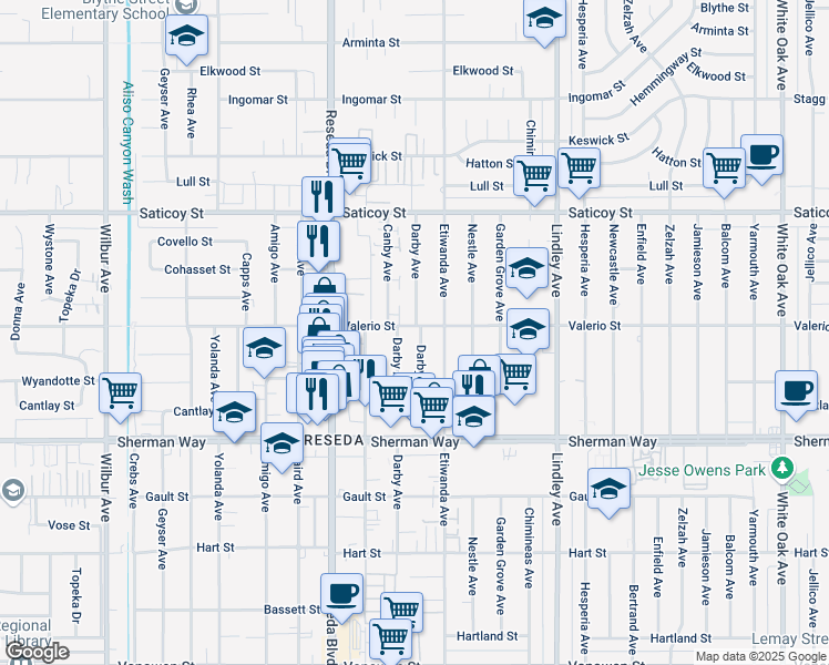 map of restaurants, bars, coffee shops, grocery stores, and more near 7357 Darby Place in Los Angeles