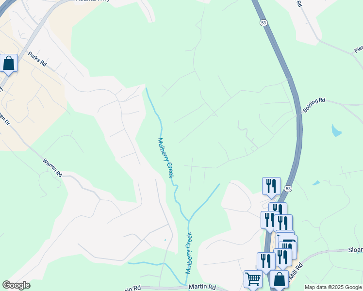 map of restaurants, bars, coffee shops, grocery stores, and more near 3855 Valley Creek Drive in Flowery Branch