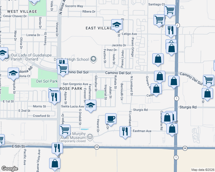 map of restaurants, bars, coffee shops, grocery stores, and more near 330 Imperial St in Oxnard