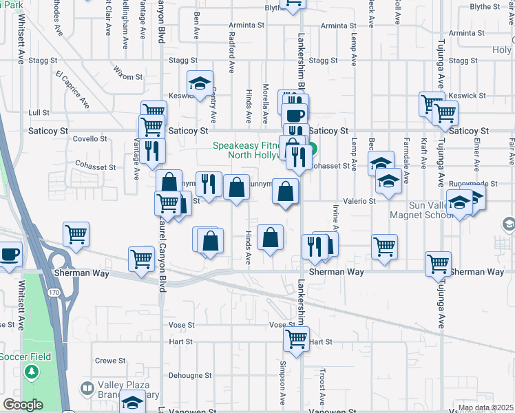 map of restaurants, bars, coffee shops, grocery stores, and more near 11802 Valerio Street in Los Angeles