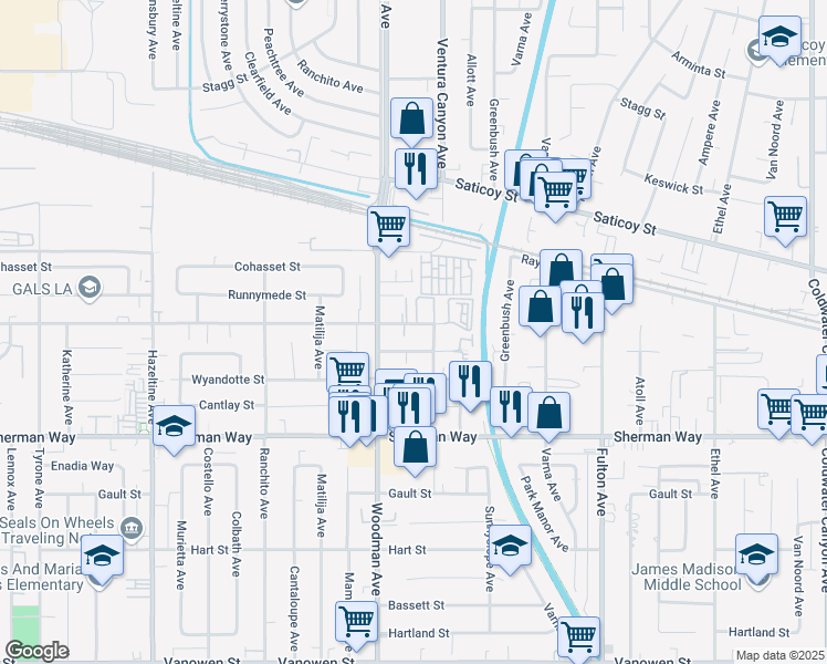 map of restaurants, bars, coffee shops, grocery stores, and more near 13620 Valerio Street in Los Angeles