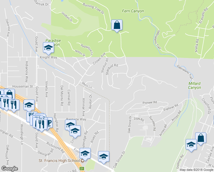 map of restaurants, bars, coffee shops, grocery stores, and more near 316 Starlane Drive in La Cañada Flintridge