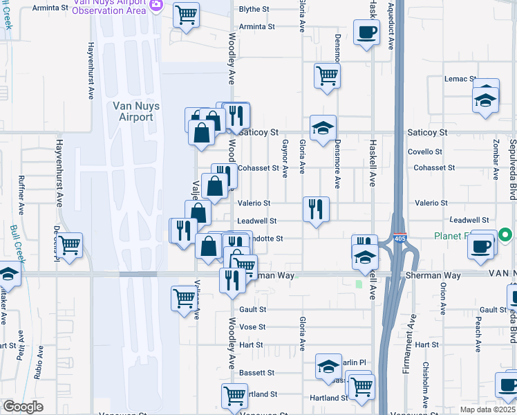 map of restaurants, bars, coffee shops, grocery stores, and more near 16010 Valerio Street in Los Angeles