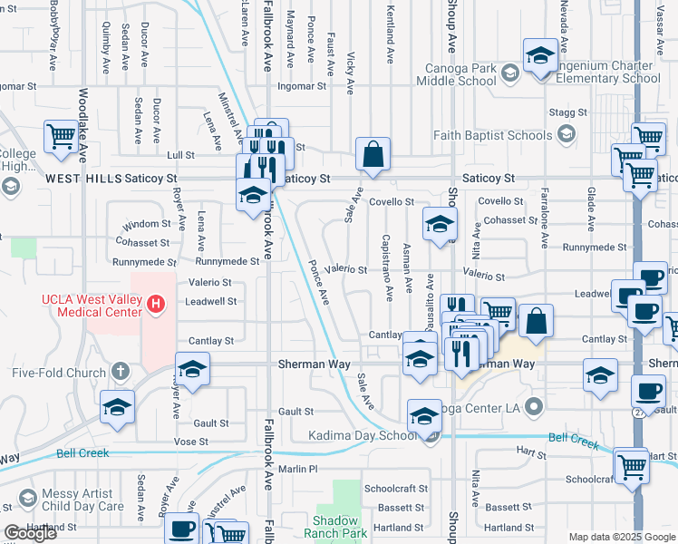 map of restaurants, bars, coffee shops, grocery stores, and more near 7363 Sale Avenue in Los Angeles