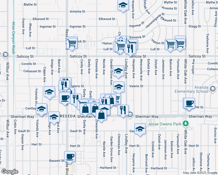 map of restaurants, bars, coffee shops, grocery stores, and more near 7355 Garden Grove Avenue in Los Angeles