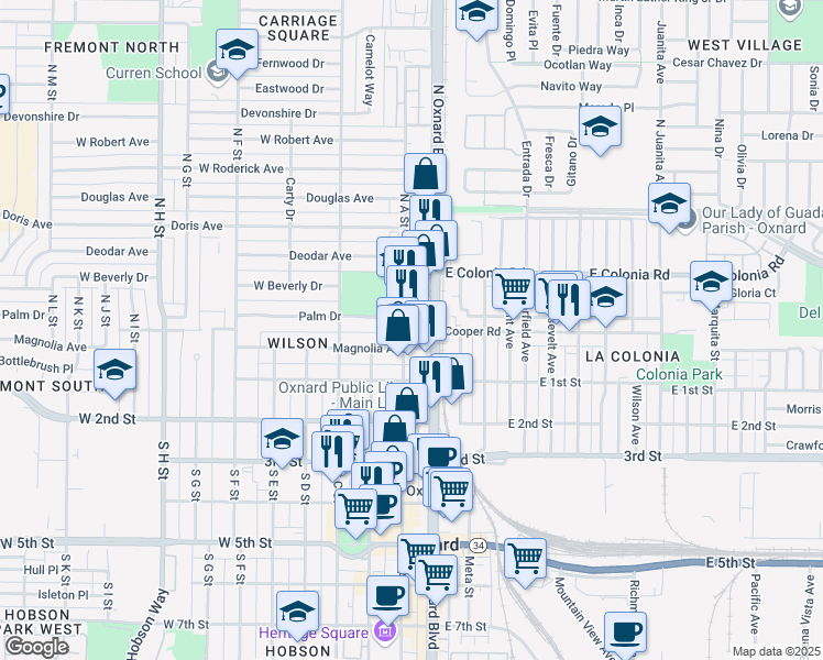 map of restaurants, bars, coffee shops, grocery stores, and more near 230 North A Street in Oxnard