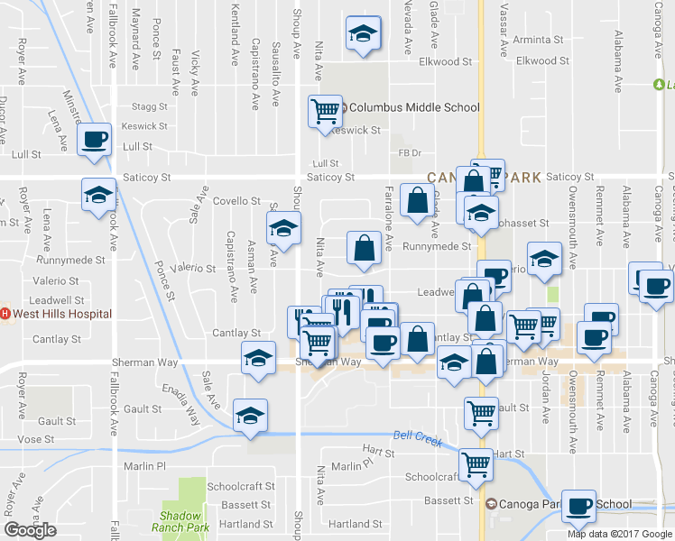 map of restaurants, bars, coffee shops, grocery stores, and more near 22309 Valerio Street in Los Angeles
