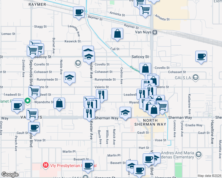 map of restaurants, bars, coffee shops, grocery stores, and more near 14748 Valerio Street in Los Angeles