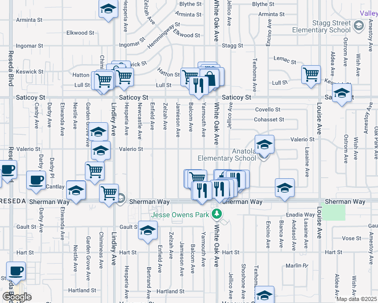 map of restaurants, bars, coffee shops, grocery stores, and more near 17808 Valerio Street in Los Angeles