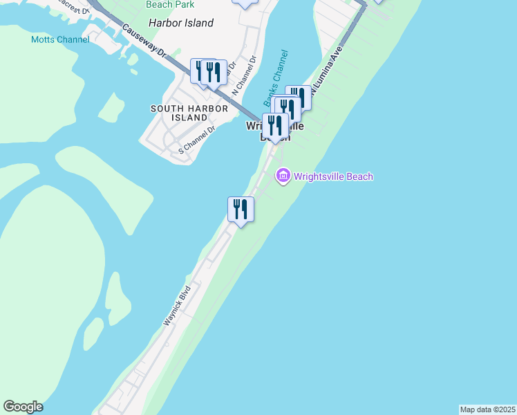 map of restaurants, bars, coffee shops, grocery stores, and more near 207 South Lumina Avenue in Wrightsville Beach