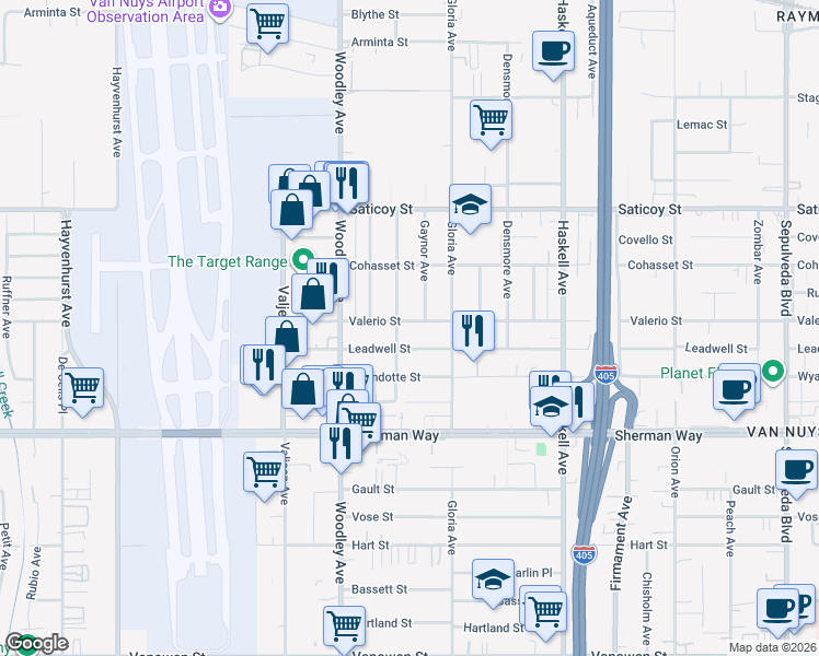 map of restaurants, bars, coffee shops, grocery stores, and more near 15944 Valerio Street in Los Angeles