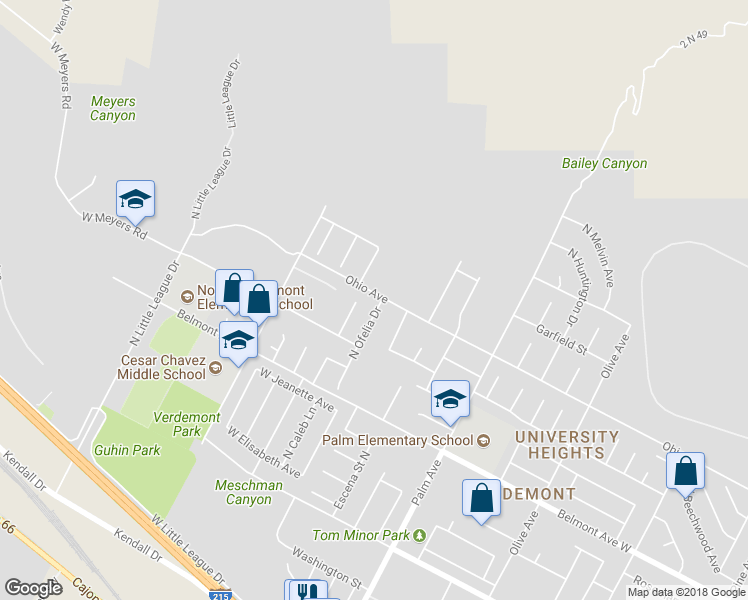 map of restaurants, bars, coffee shops, grocery stores, and more near 6792 North Ofelia Drive in San Bernardino