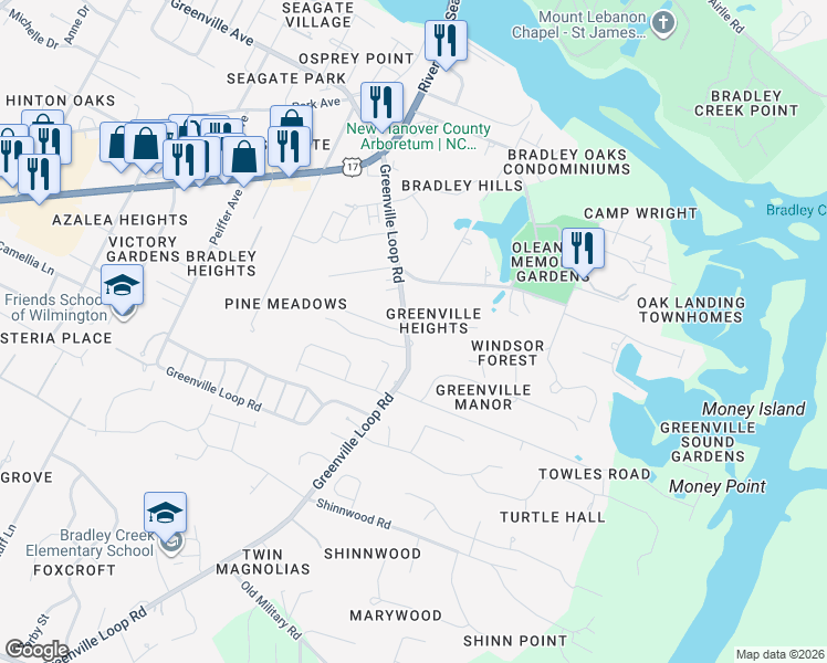 map of restaurants, bars, coffee shops, grocery stores, and more near 6632 Greenville Loop Road in Wilmington