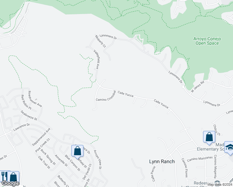 map of restaurants, bars, coffee shops, grocery stores, and more near 1306 Camino Cristobal in Thousand Oaks
