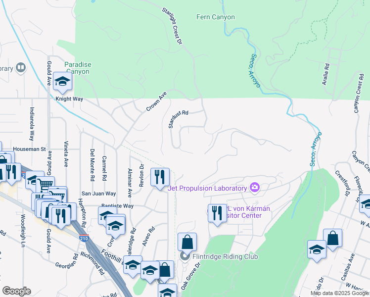 map of restaurants, bars, coffee shops, grocery stores, and more near 225 Mariners View Lane in La Cañada Flintridge