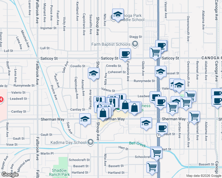 map of restaurants, bars, coffee shops, grocery stores, and more near 22309 Valerio Street in Los Angeles