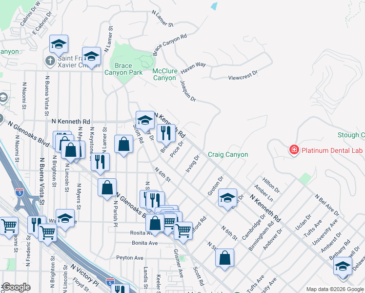 map of restaurants, bars, coffee shops, grocery stores, and more near 724 Price Drive in Burbank