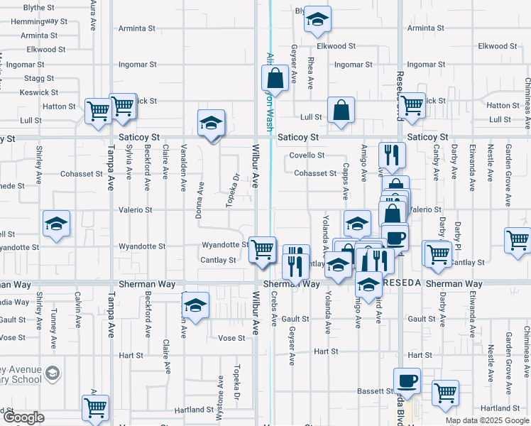 map of restaurants, bars, coffee shops, grocery stores, and more near 18848 Valerio Street in Los Angeles