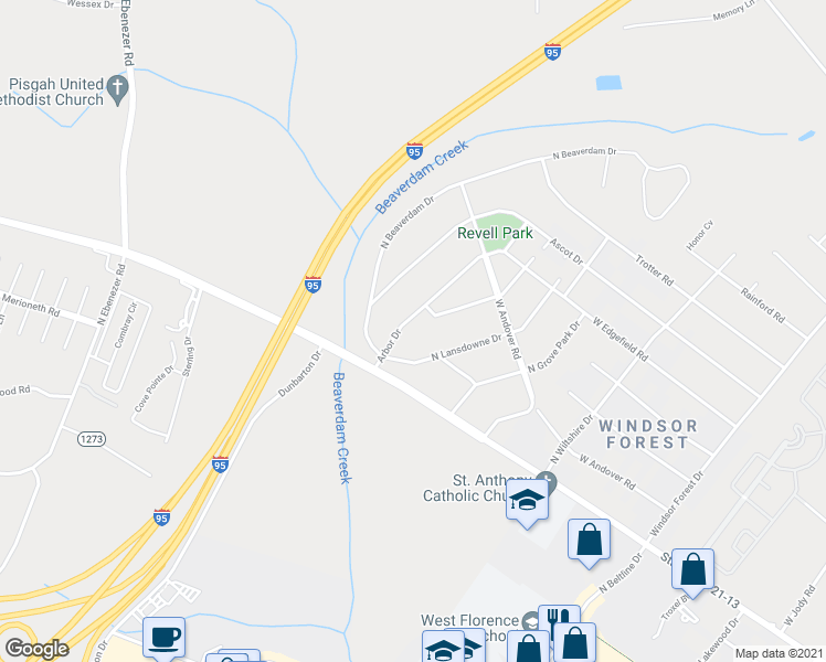 map of restaurants, bars, coffee shops, grocery stores, and more near 520 Arbor Drive in Florence