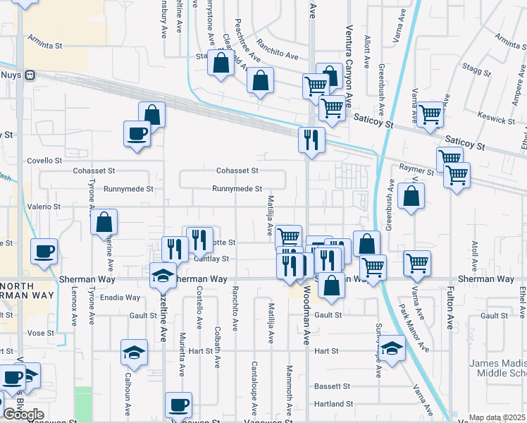 map of restaurants, bars, coffee shops, grocery stores, and more near 13810 Valerio Street in Los Angeles