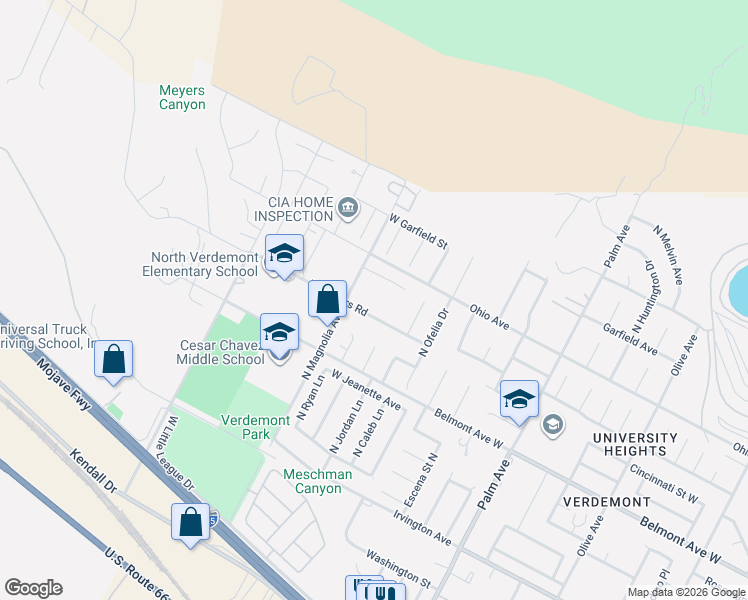 map of restaurants, bars, coffee shops, grocery stores, and more near 3298 West Meyers Road in San Bernardino