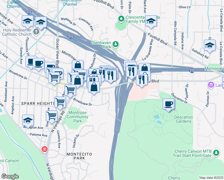map of restaurants, bars, coffee shops, grocery stores, and more near in Glendale