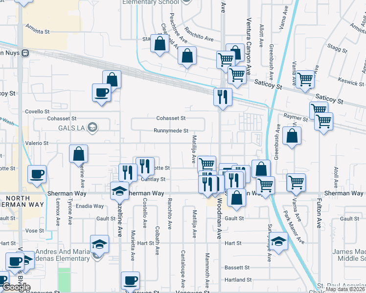 map of restaurants, bars, coffee shops, grocery stores, and more near 13810 Valerio Street in Los Angeles