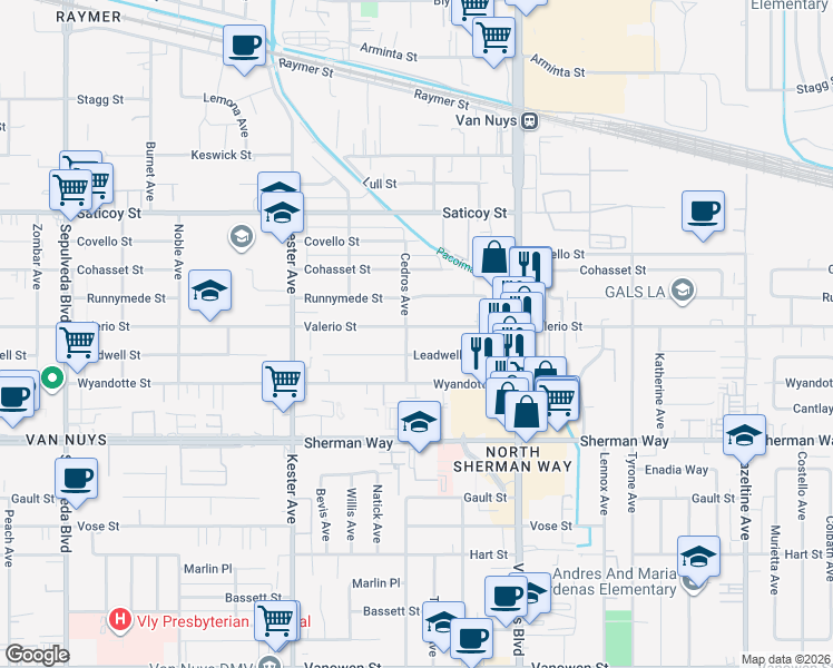 map of restaurants, bars, coffee shops, grocery stores, and more near 14630 Valerio Street in Los Angeles