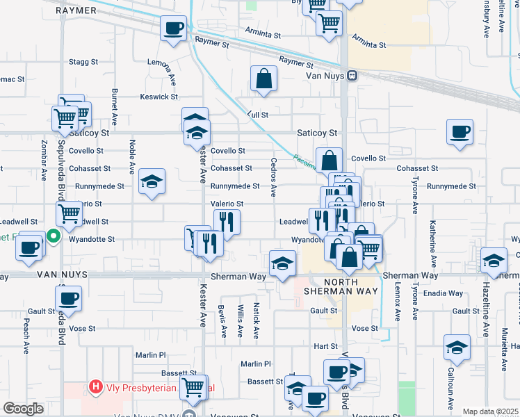 map of restaurants, bars, coffee shops, grocery stores, and more near 14710 Valerio Street in Los Angeles
